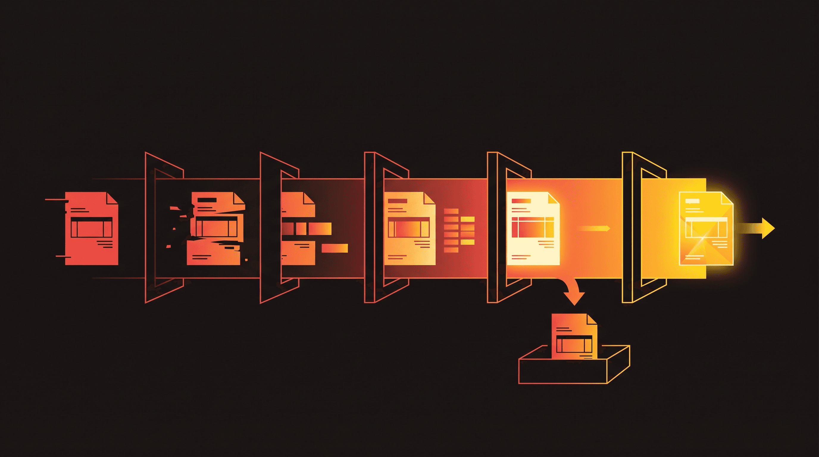 An invoice moving left to right through five pipeline gates, growing more structured and brighter at each stage, with one exception document diverted down to a review tray