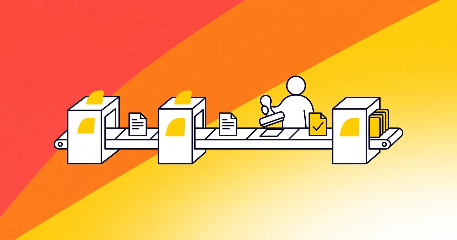 Business process automation illustrated as documents moving through tidy connected stations with one person approving a step