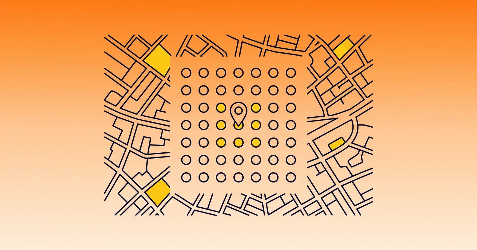 Google Maps ranking illustrated as a bright city map with a grid of glowing search points around one business pin