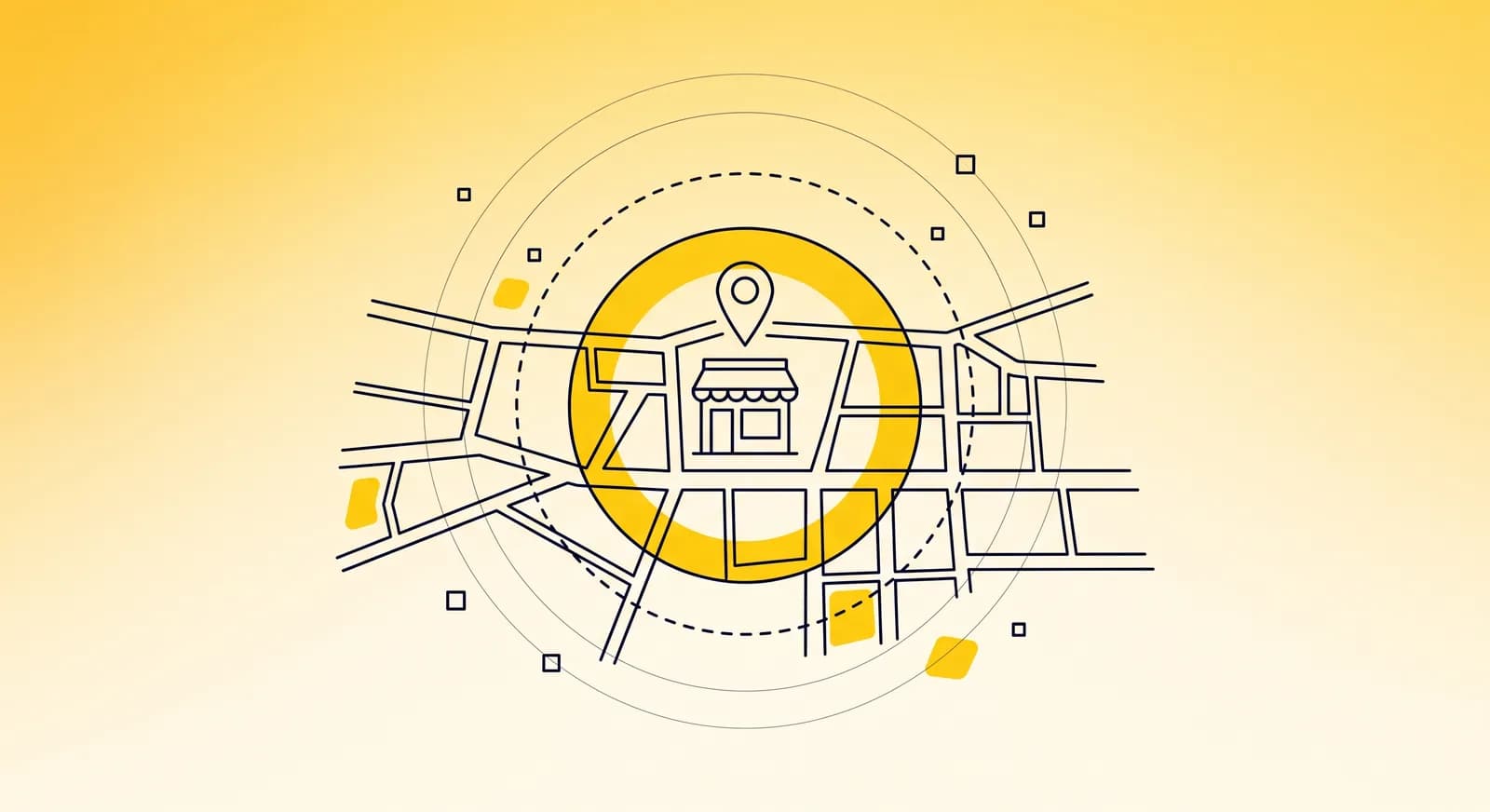 Map illustration showing rings of visibility fading with distance from a shopfront pin, explaining the Google Maps ranking radius