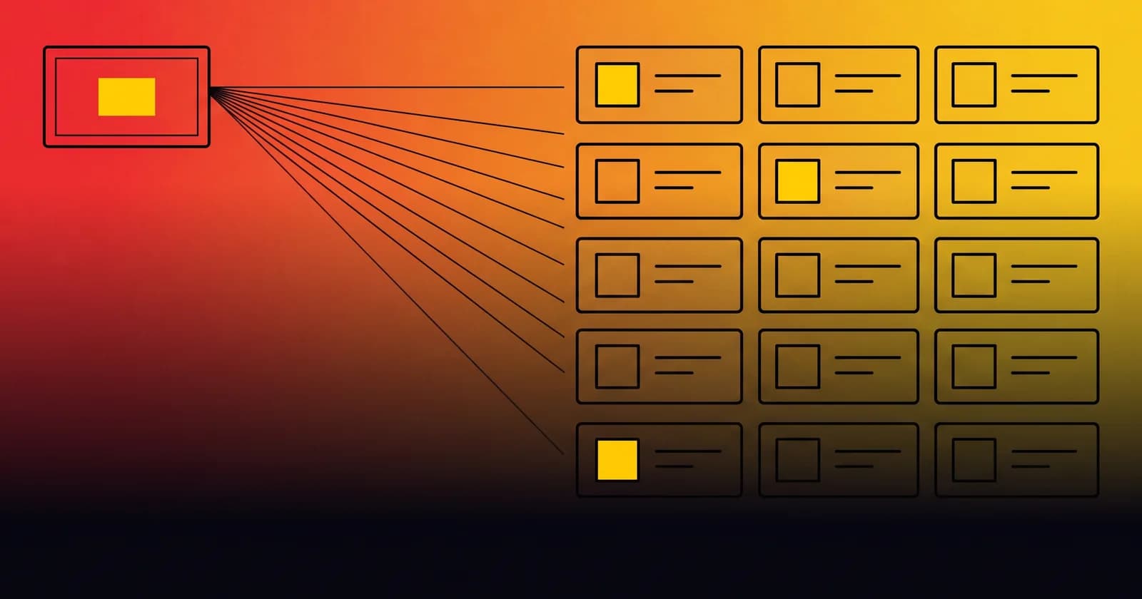 Programmatic SEO for ecommerce: one template frame fanning out into a grid of generated product-card pages, flat vector