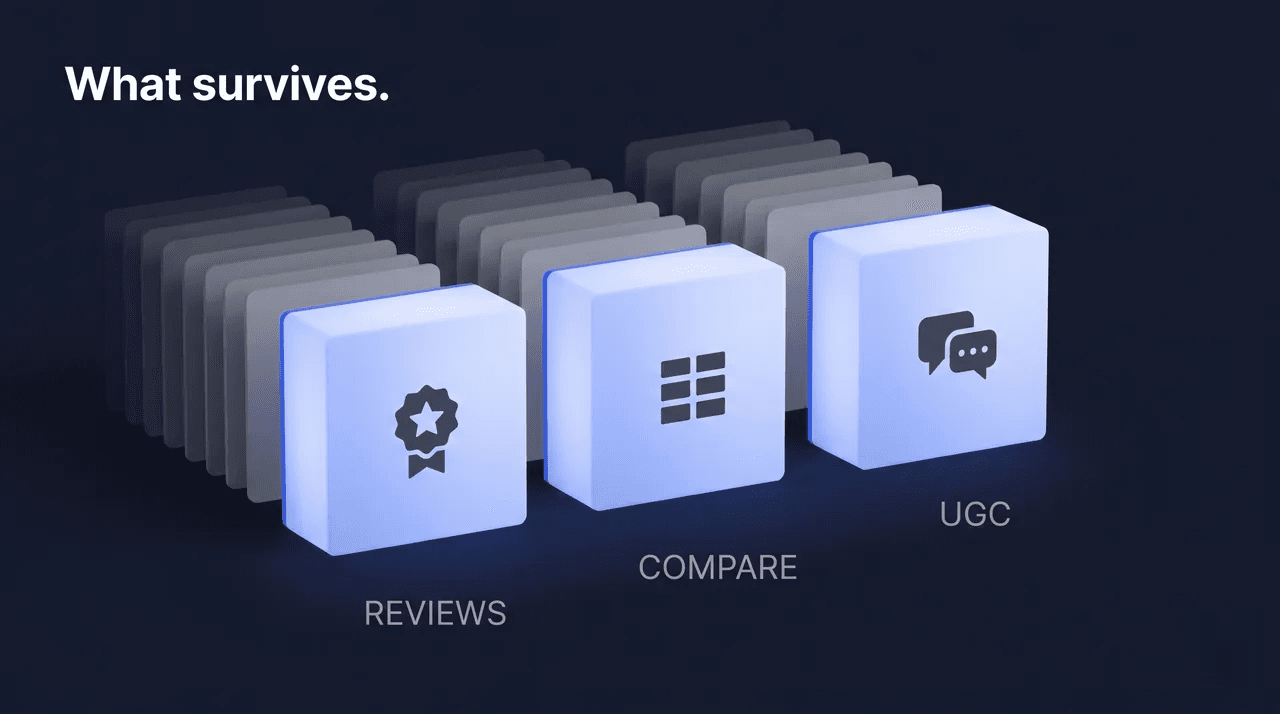 Three glowing blocks labelled Reviews, Compare and UGC standing out from a faded grid of interchangeable templated pages