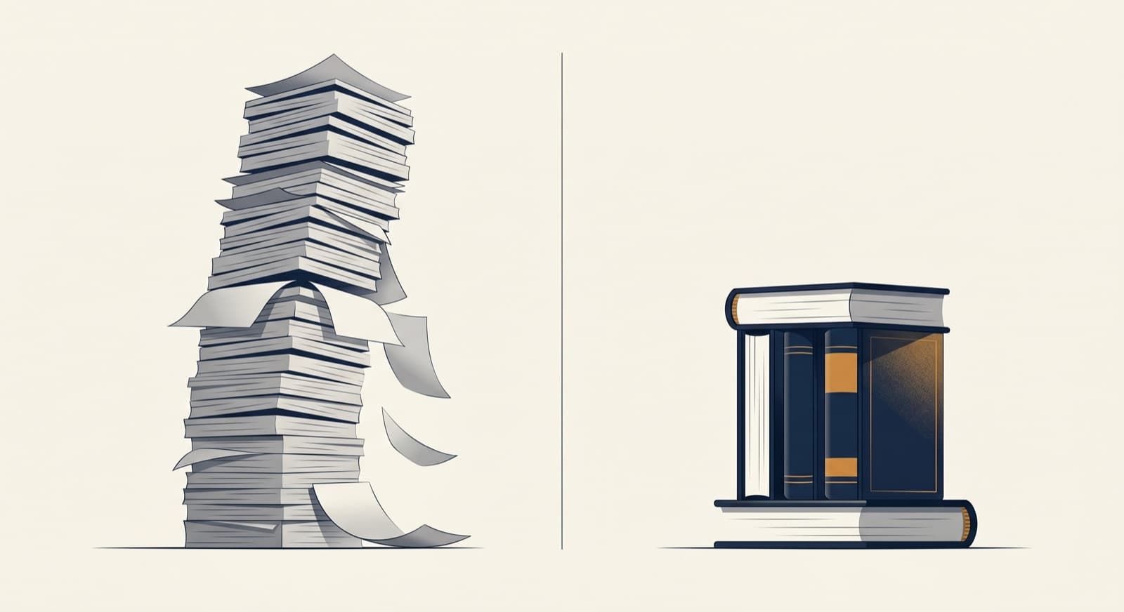 Split illustration contrasting a crumbling tower of thin identical pages with a small set of solid, distinct pages standing firm: why thin programmatic content at scale gets penalised while genuinely useful pages survive.