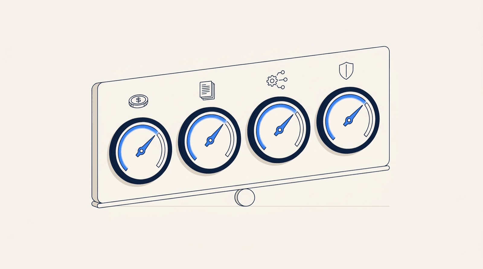 Four gauge dials on a balance beam, labelled by icon — a coin for budget, stacked pages for content volume, a connected-node cog for technical complexity, and a shield for brand sensitivity.