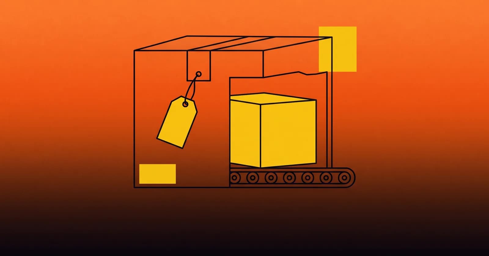 White-label AI SEO: a cutaway parcel revealing a smaller box resold inside it, blank label tag attached, flat vector