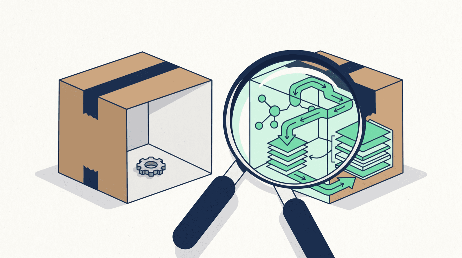 Vetting a white-label SEO vendor: a magnifying glass reveals a real, orderly content pipeline inside one parcel while a second parcel sits near-empty, showing the difference due diligence exposes.