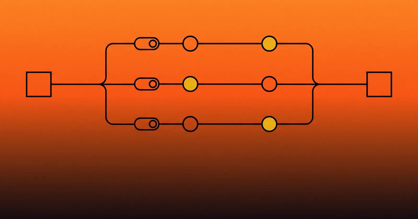 Workflow automation tools: a trigger node splitting into three automated lanes that merge into one output, flat vector