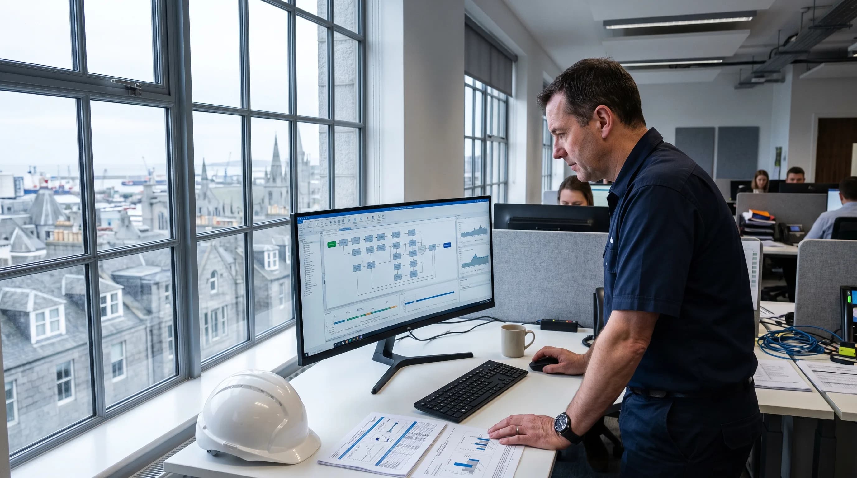 Engineering manager in Aberdeen office reviewing a compliance document workflow on a widescreen monitor, granite skyline in background