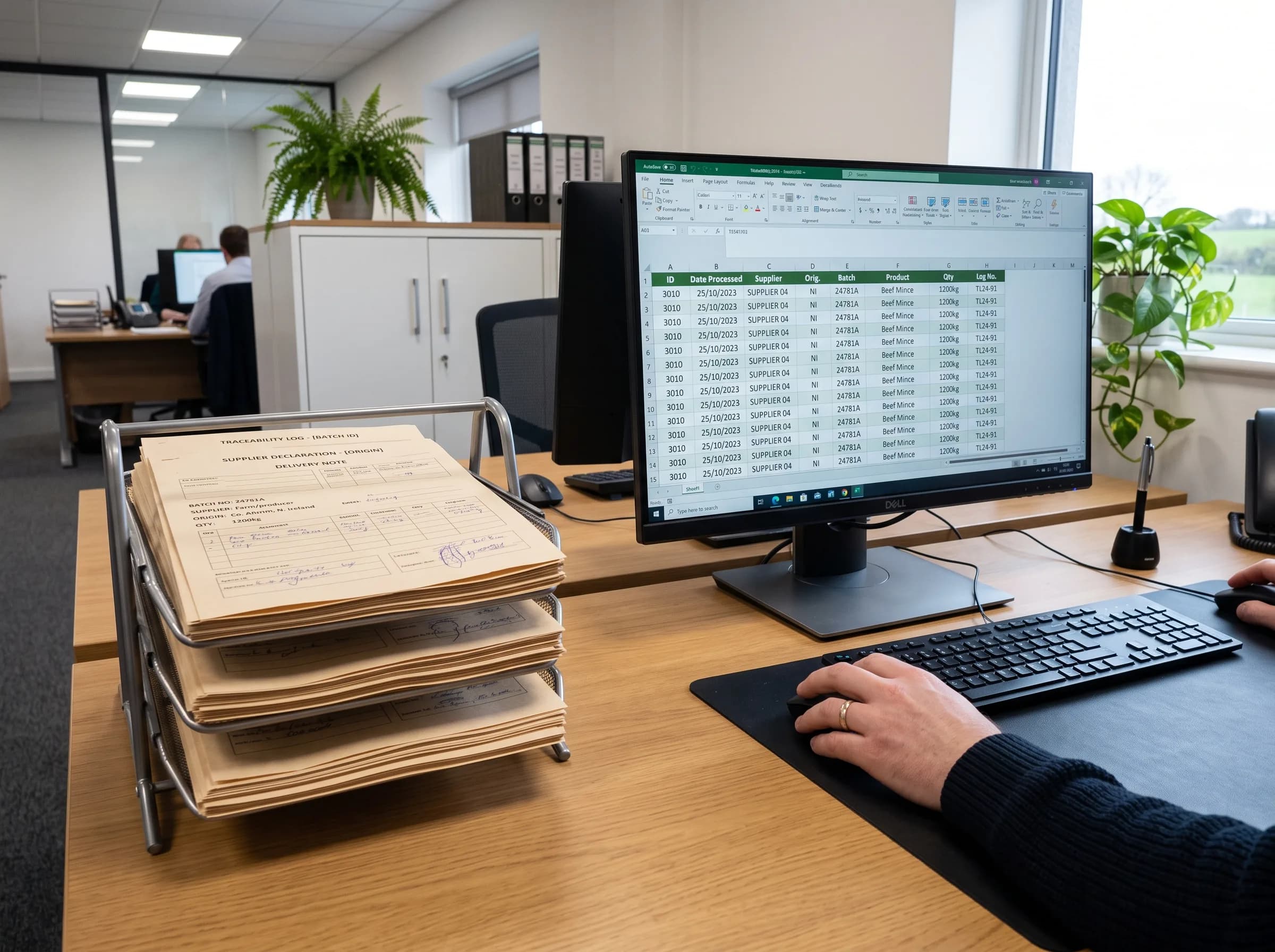 Traceability and supplier documents alongside structured digital records on a monitor in a Northern Ireland agri-food office