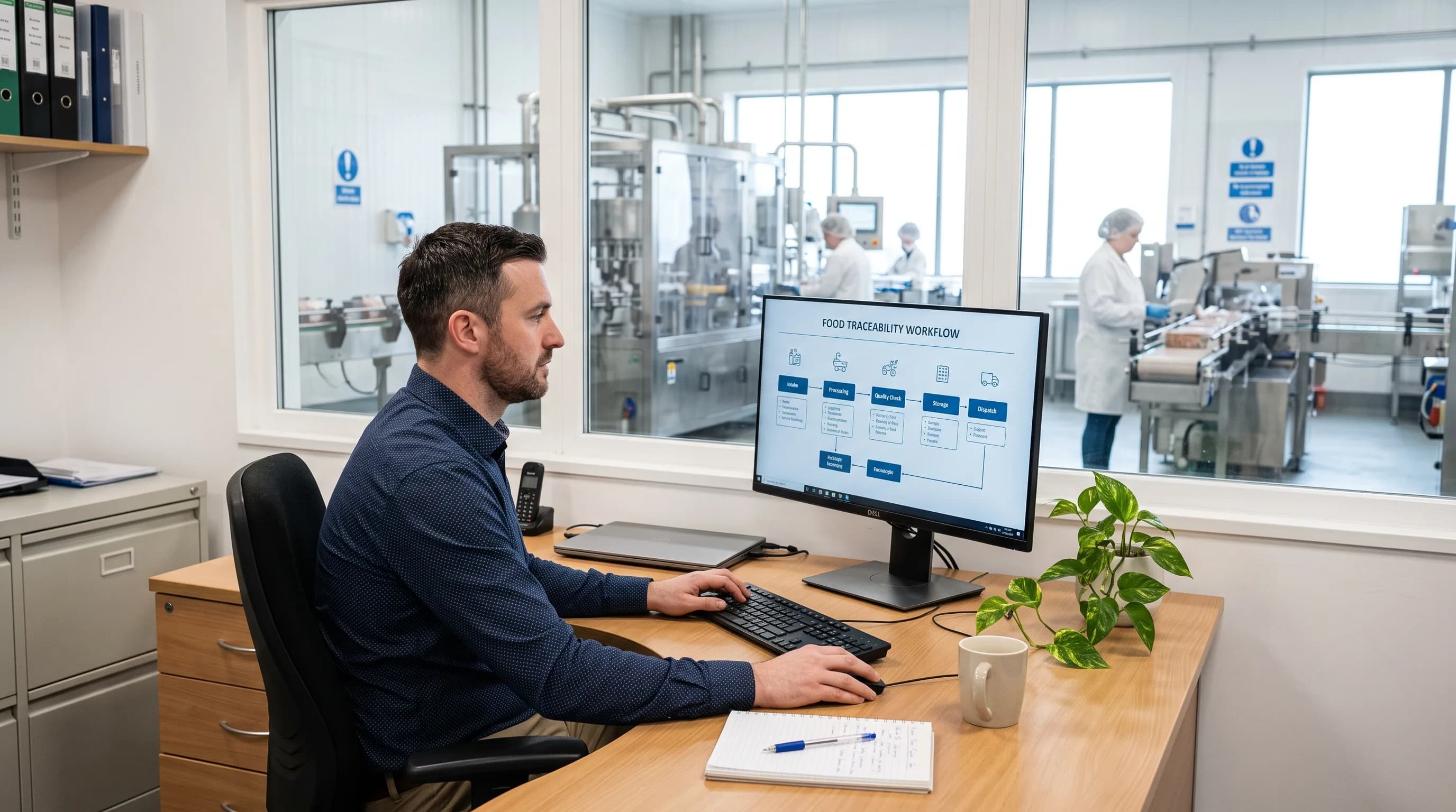Operations lead reviewing a traceability workflow on a monitor in an Armagh agri-food processing office