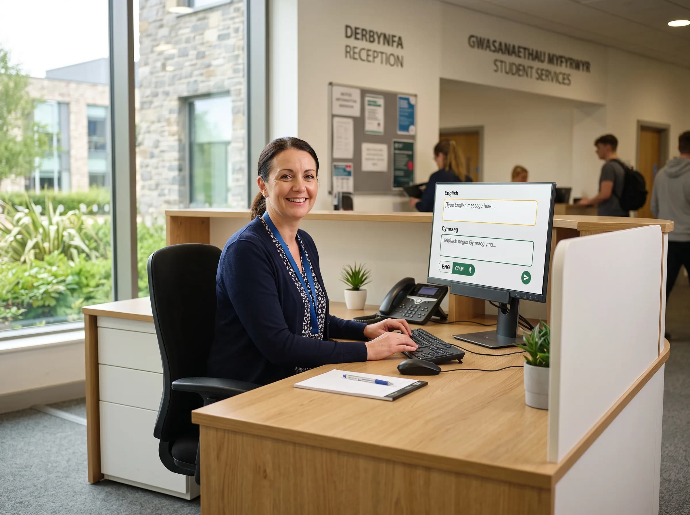 University service desk staff in North Wales using a bilingual Welsh and English AI enquiry assistant on a workstation screen