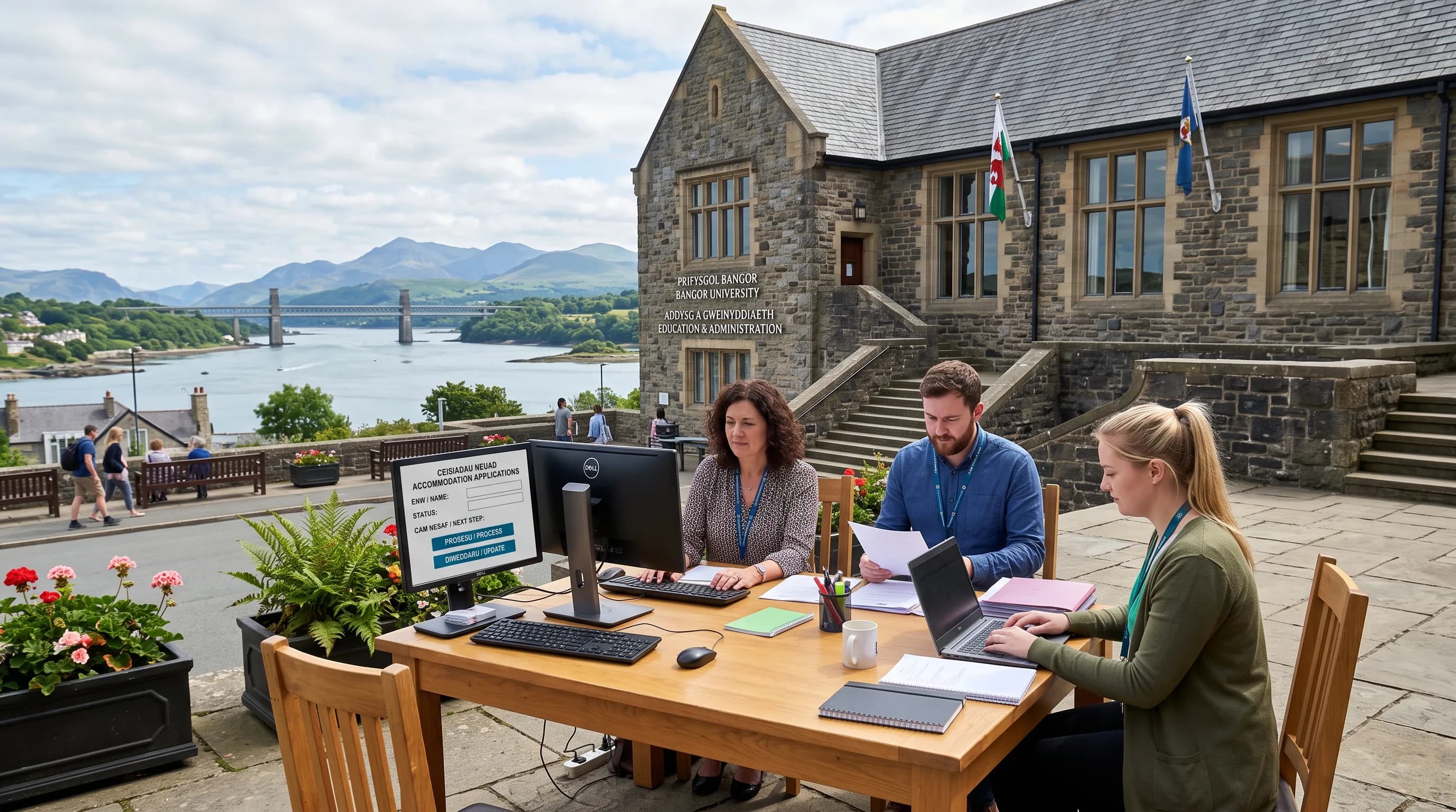 Admin team at a Bangor Gwynedd university building reviewing a bilingual enquiry workflow with Snowdonia hills in the background