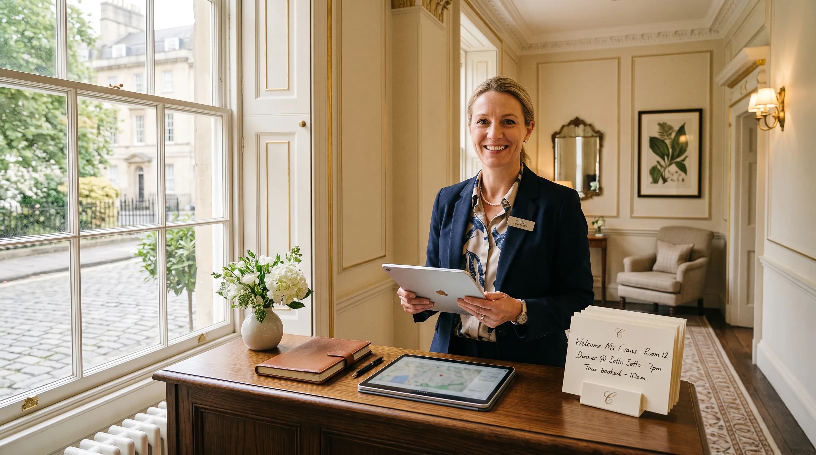 Warm hotel concierge desk in Bath with AI-assisted booking system, tablet and handwritten notes visible, inviting guest service environment.