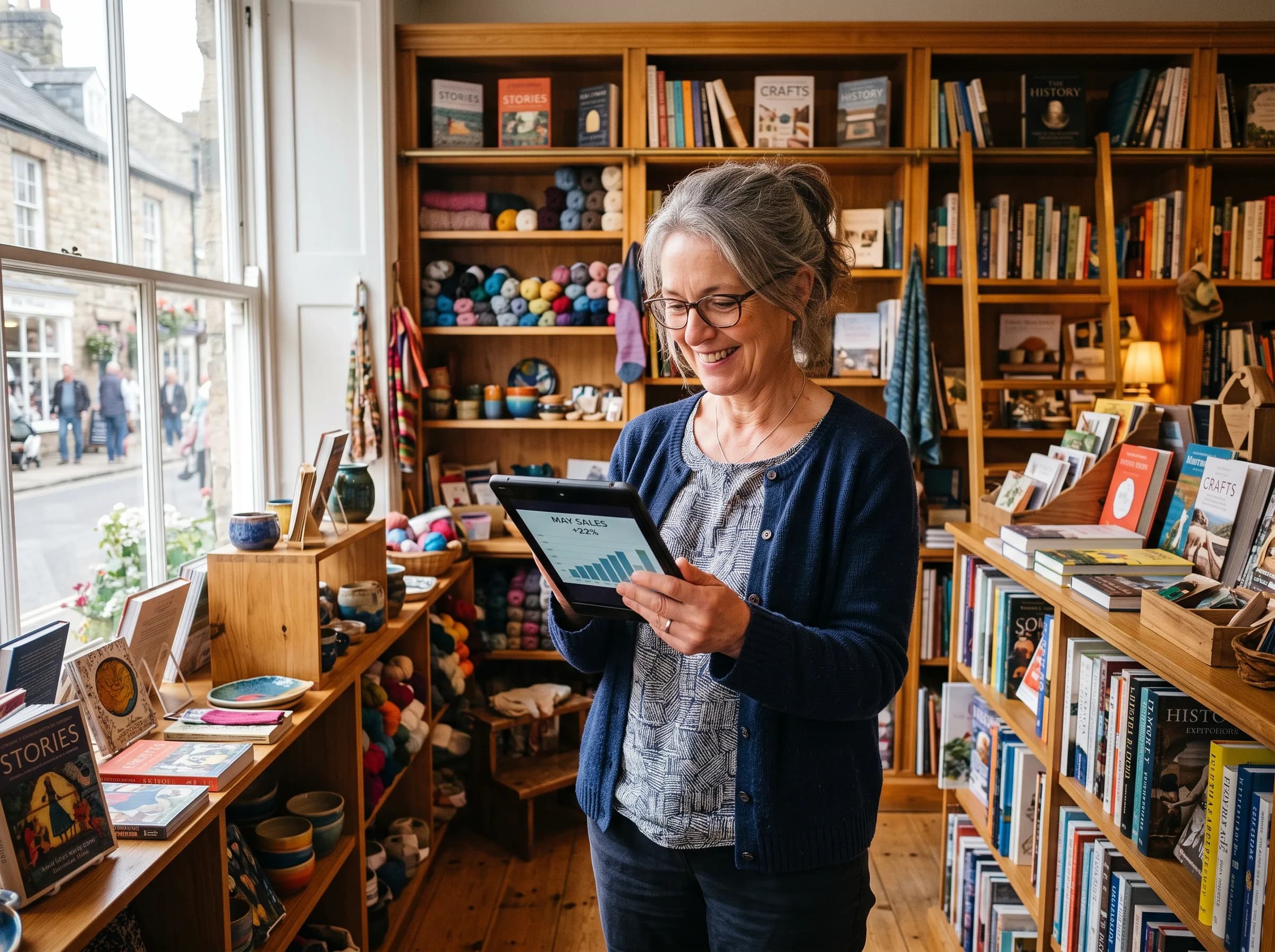 Independent retail owner reviewing automated inventory management on mobile device, shelves of curated goods in background.