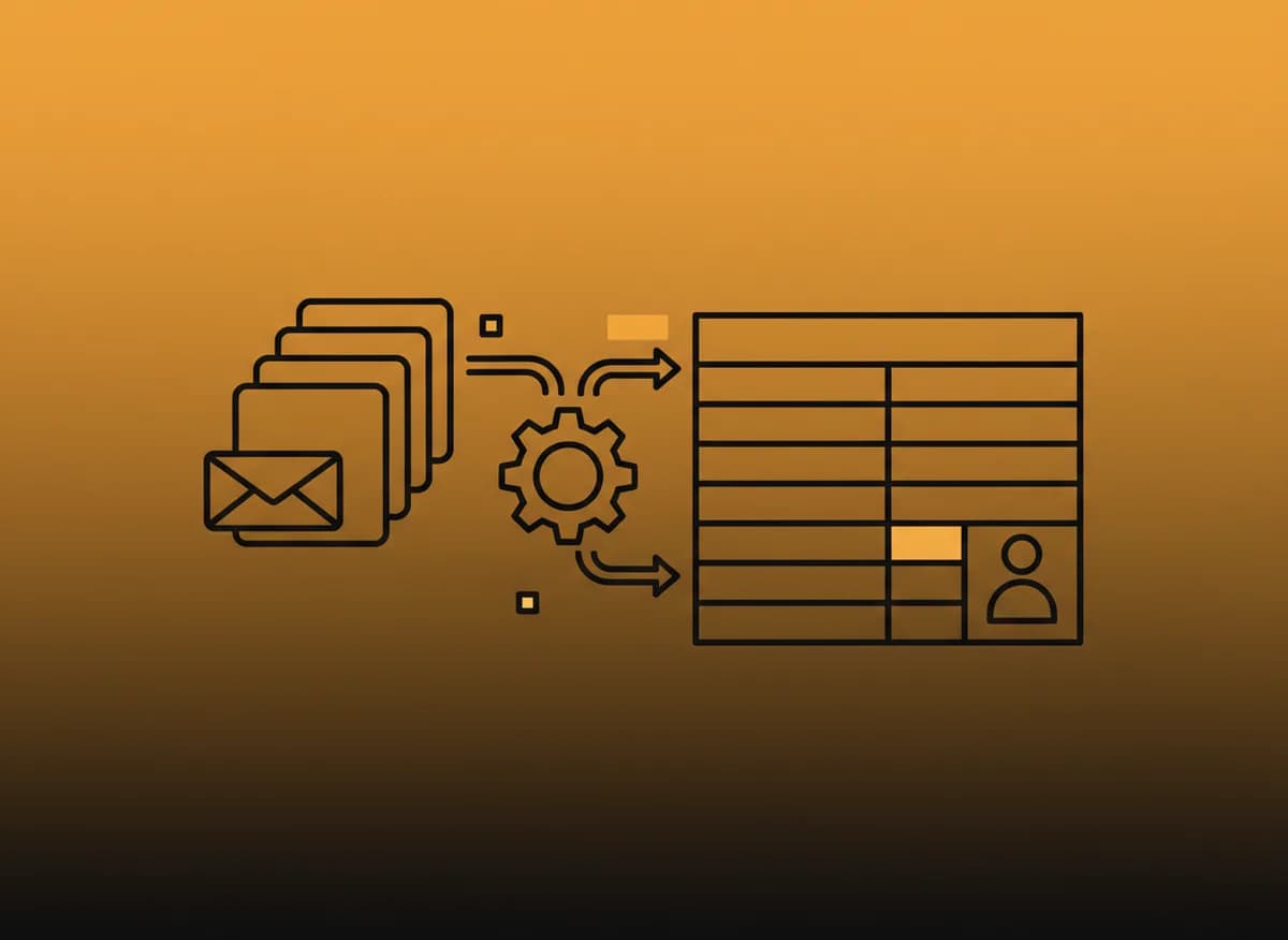 Automated document workflow: documents and emails flow through an automation step into structured rows reviewed by a person