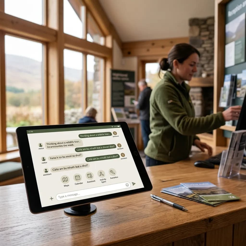 A Highland tourism reception desk with a conversational assistant on screen handling visitor booking enquiries, natural warm light
