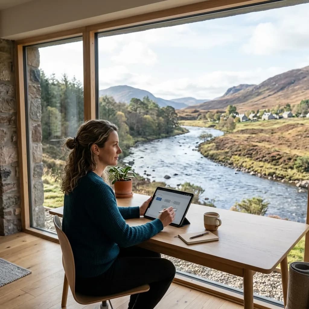 Inverness business owner reviewing an automated booking and enquiry workflow on a tablet, with Highland hills and river visible through the office window