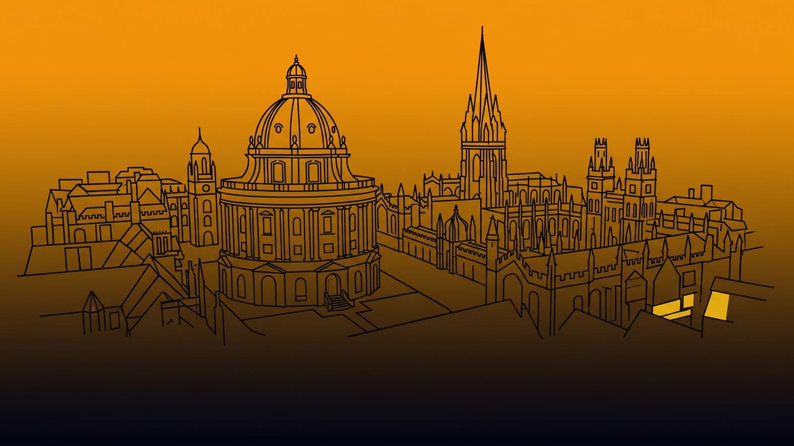 AI automation agency Oxford: line illustration of the Radcliffe Camera dome and Oxford's spires, with yellow accent blocks marking automated workflow steps
