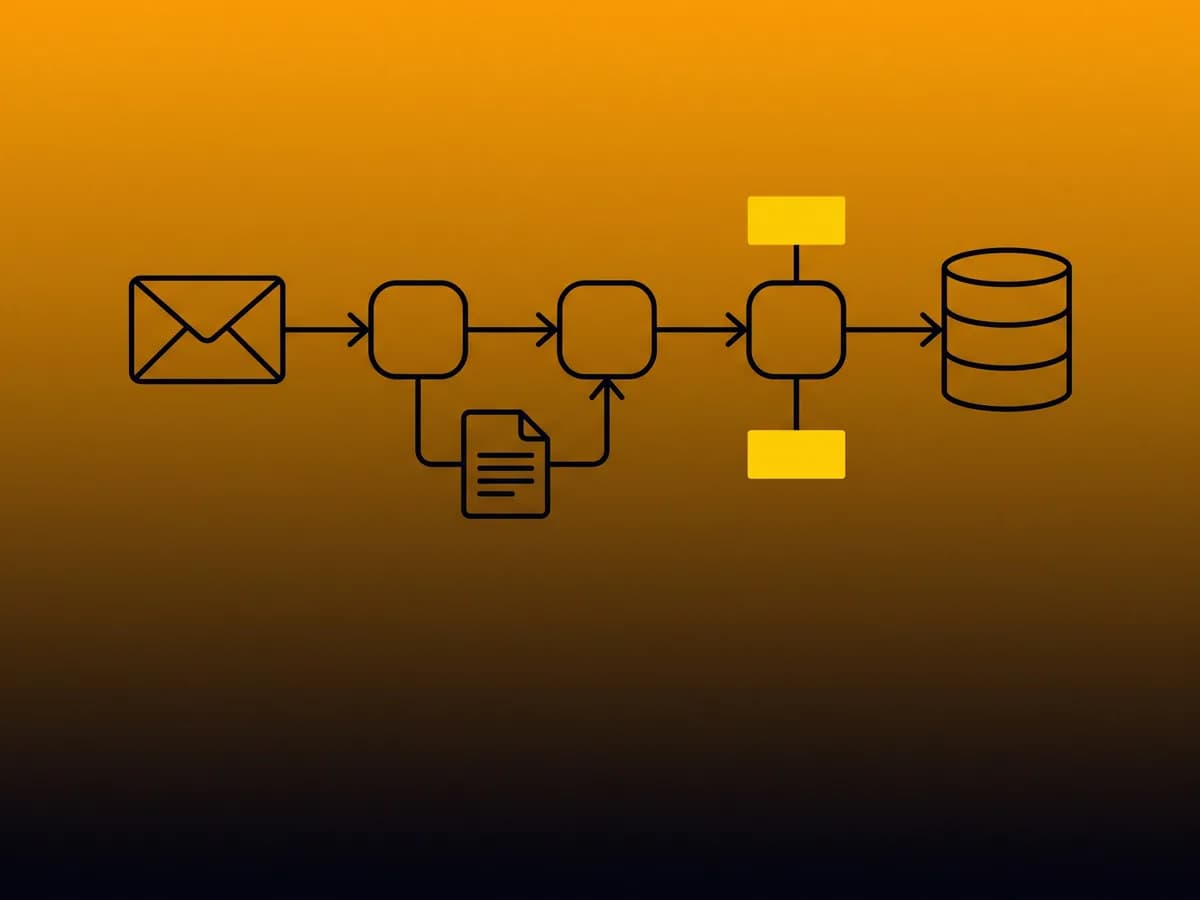 Oxford workflow automation illustration: an inbound email flowing through four automated steps into a document and a database