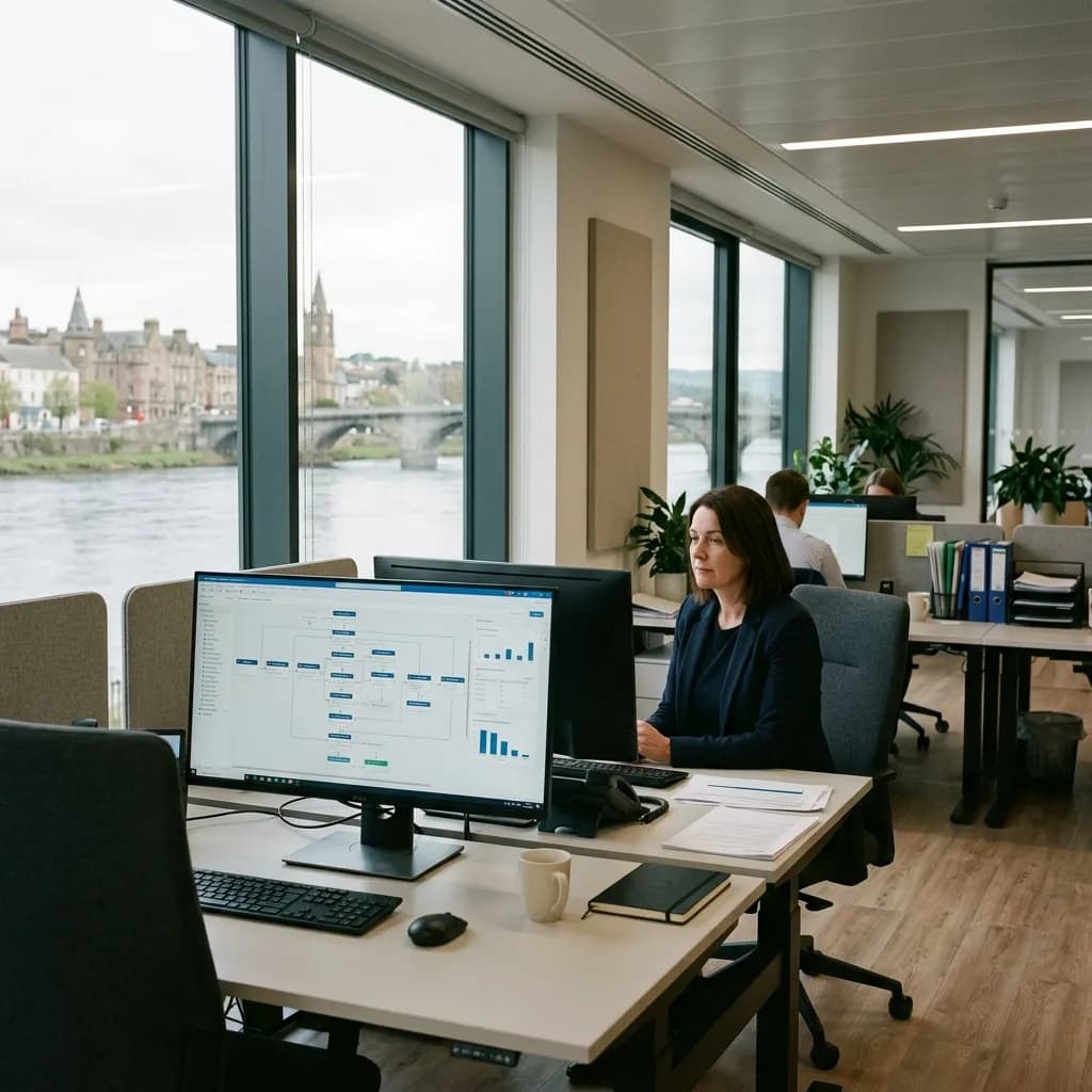 Perth business team using AI automation in a professional Scotland office setting