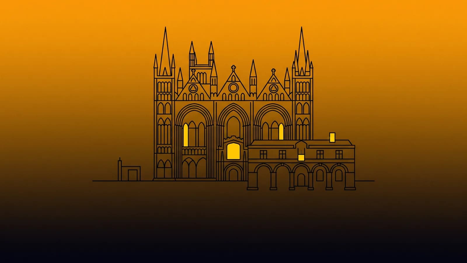 Peterborough AI agency: line illustration of Peterborough Cathedral's three-arched west front and the Guildhall, with yellow accent blocks marking automated workflow steps