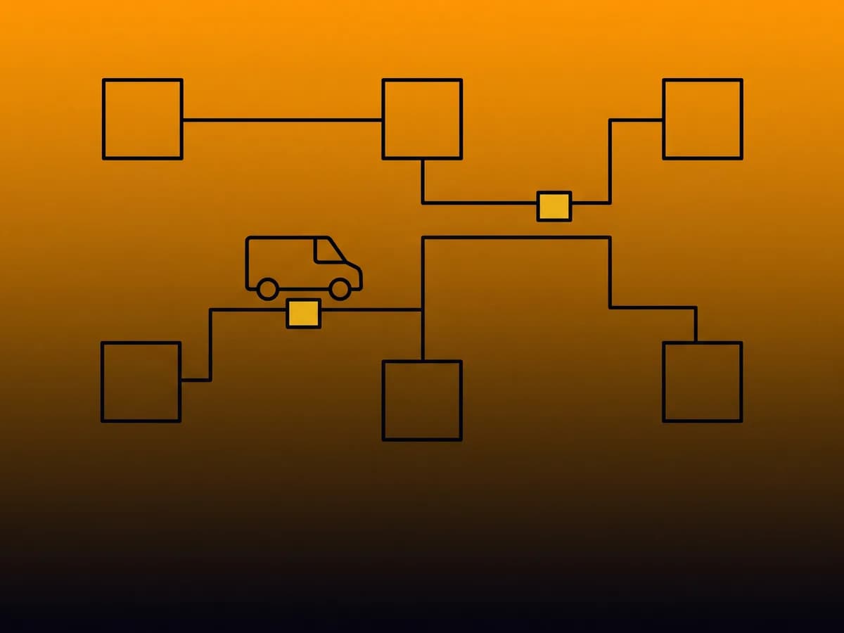 Peterborough logistics automation illustration: a road network joining five depots with an optimised delivery route marked in yellow