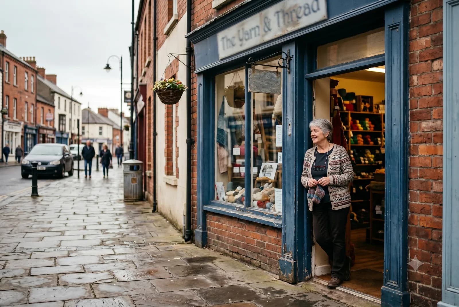 An independent shop owner in the doorway of a yarn and craft store on a Bangor town-centre high street, Ards and North Down, Northern Ireland