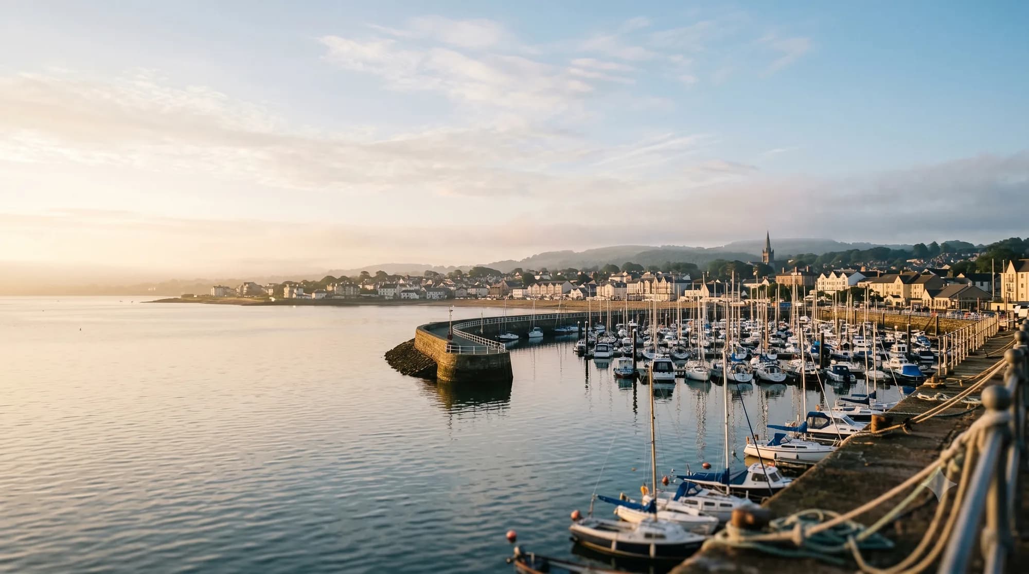 Bangor Marina and seafront on Belfast Lough at sunrise, Bangor, Northern Ireland, with yachts moored along the harbour wall and the town behind