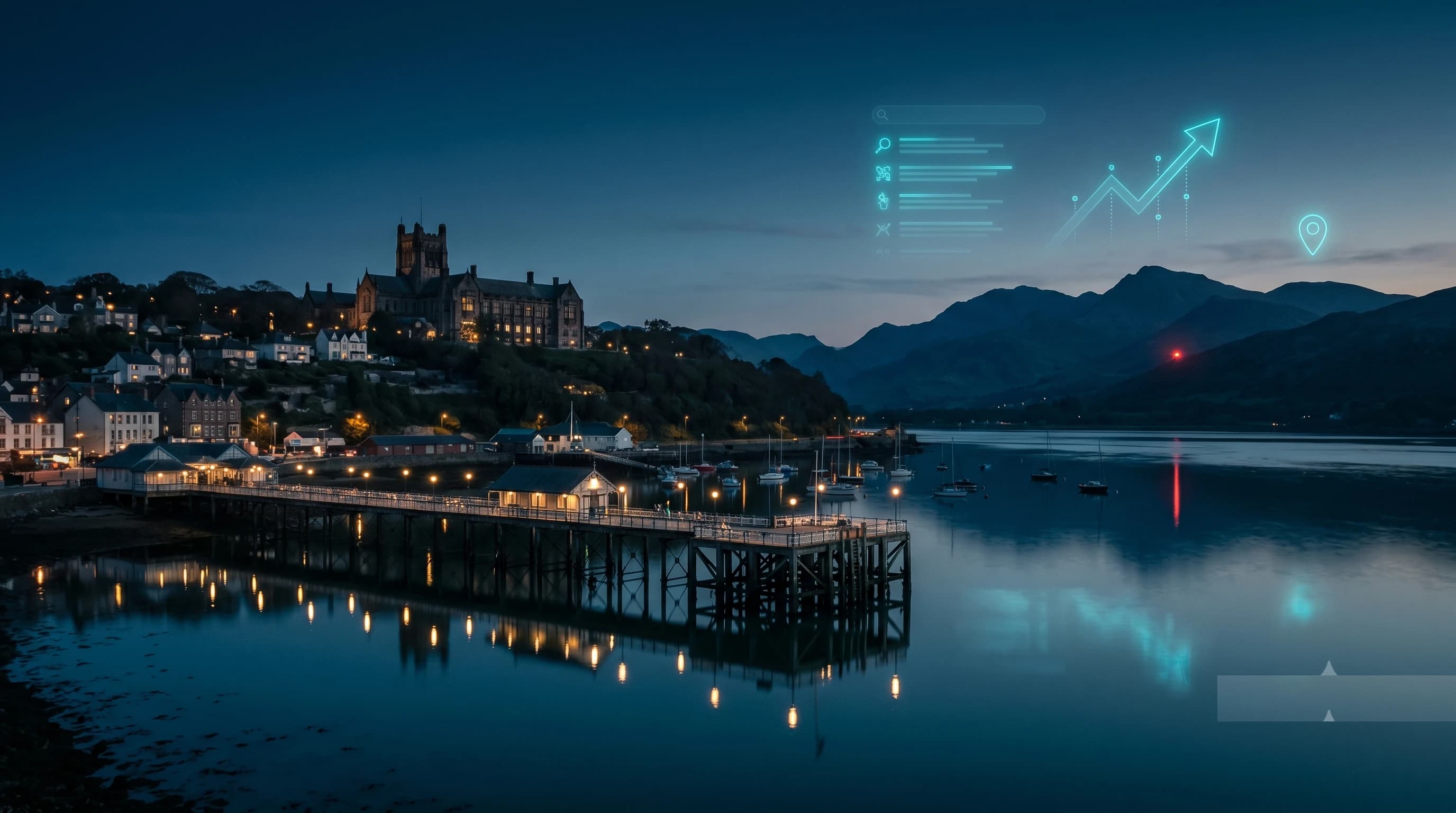Bangor, Gwynedd at dusk: Garth Pier and the waterfront on the Menai Strait with the Eryri (Snowdonia) mountains behind and Bangor University on the hillside, overlaid with neon search-ranking graphics representing Aristral's Bangor SEO services