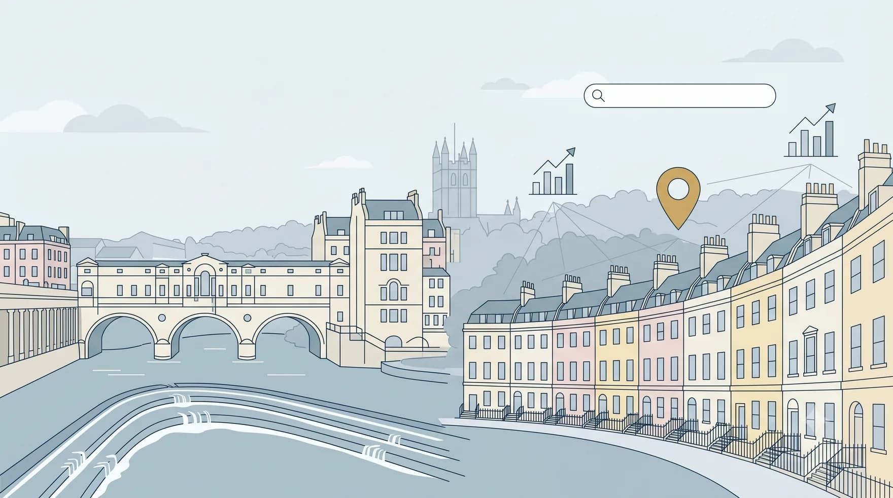 Illustration of Bath, England: Pulteney Bridge and the curved River Avon weir beside a sweep of honey-coloured Georgian terraces, overlaid with a search bar, growth charts and a gold location pin representing Aristral's Bath SEO services