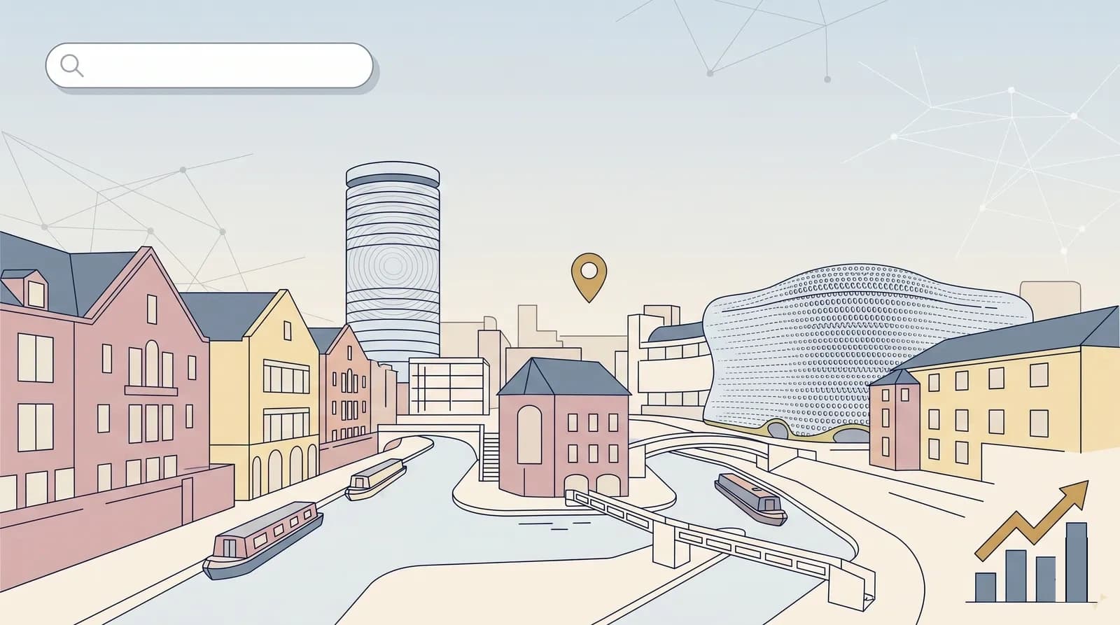Flat vector illustration of the Birmingham skyline with landmark architecture and subtle search and analytics motifs in the sky.