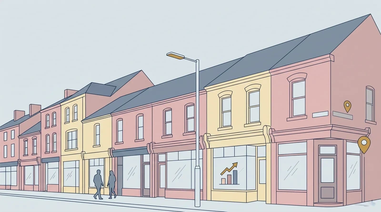 Flat vector illustration of Birmingham at street level representing local search visibility for Birmingham businesses.