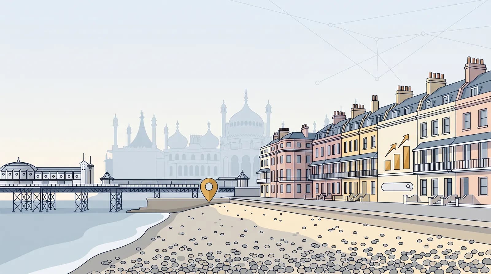 Flat vector illustration of Brighton seafront with Royal Pavilion domes and Brighton Palace Pier, with SEO bar chart motif and gold location pin overlay.