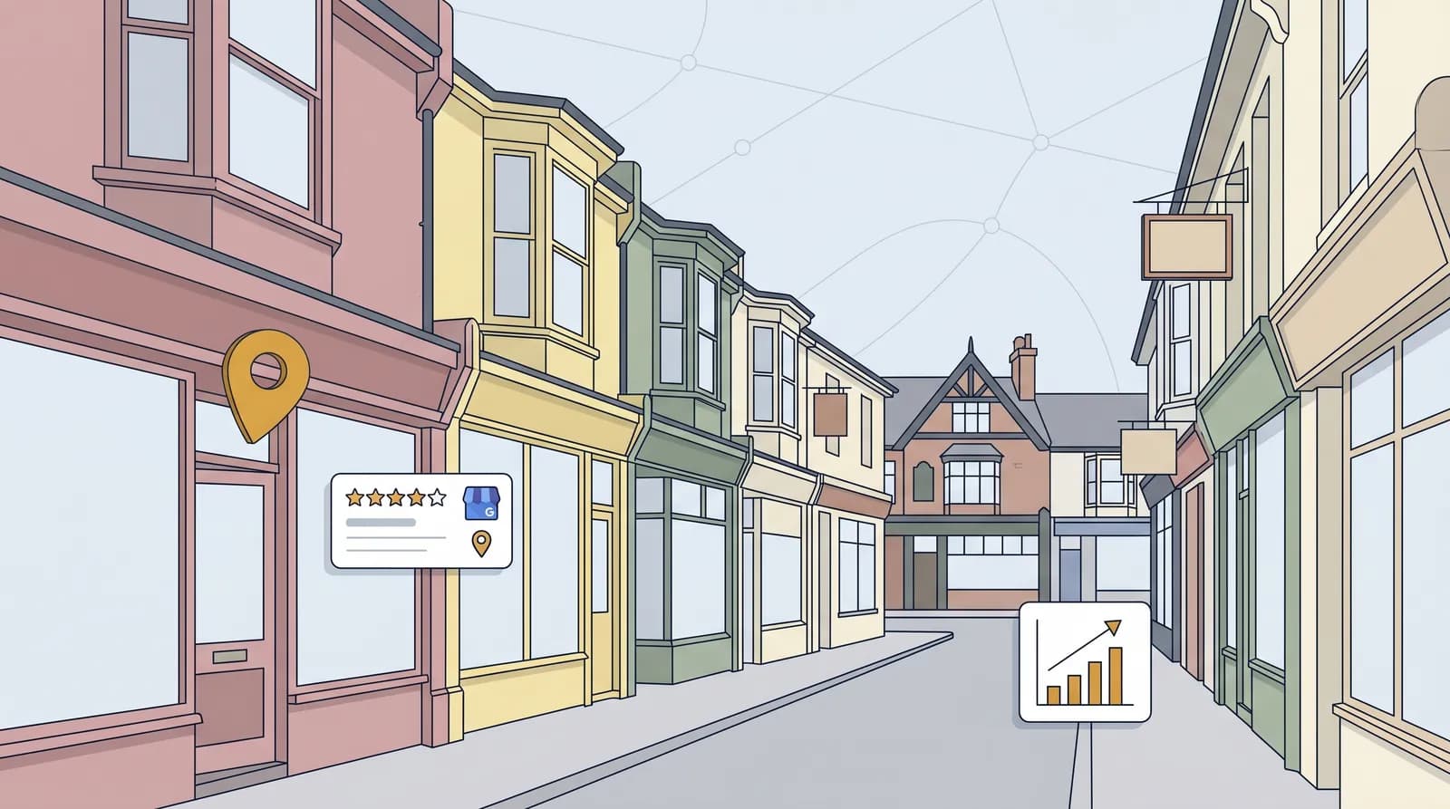 Street-level vector illustration of Brighton North Laines independent retail district with search bar and upward-trending chart, local SEO concept.