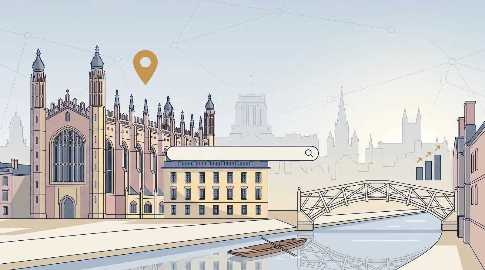 Flat vector illustration of Cambridge city with King's College Chapel and punting on the River Cam in a muted blue-grey palette, with a gold map pin and upward-trending chart motif representing SEO growth.
