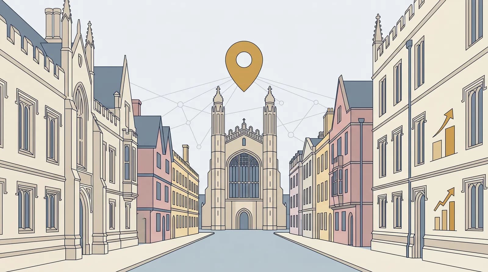 Street-level vector illustration of King's Parade, Cambridge, with subtle network line overlay and a gold map pin motif representing local SEO and map pack optimisation for Cambridge city-centre businesses.