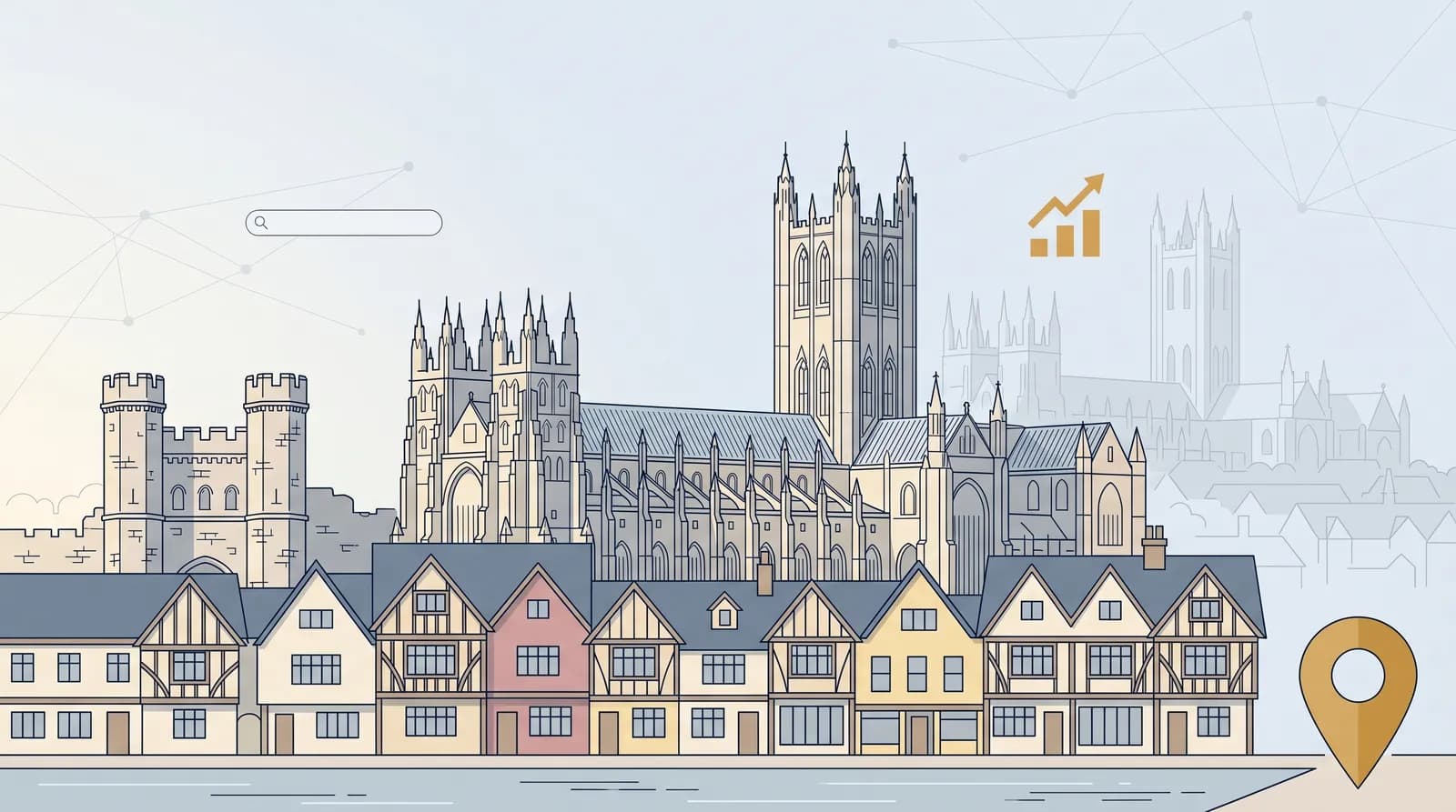 Flat vector illustration of Canterbury Cathedral Bell Harry Tower with digital marketing motifs including a location pin and upward-trending bar charts in muted palette