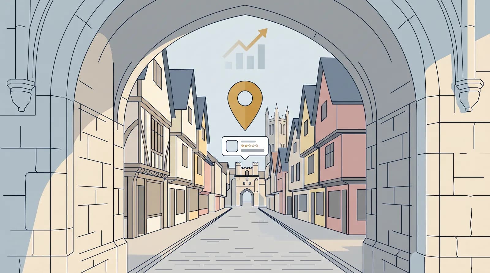 Vector illustration of Canterbury Westgate Towers at street level representing local SEO and Canterbury business visibility