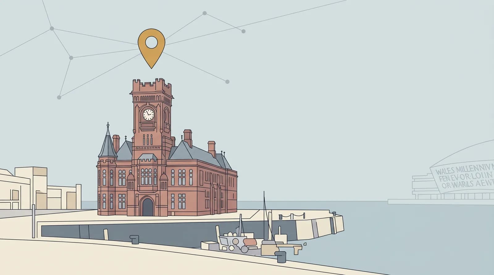 Flat vector illustration of Cardiff Castle's clock tower with a search bar overlay and rising bar chart motifs in a muted blue-grey and gold palette.