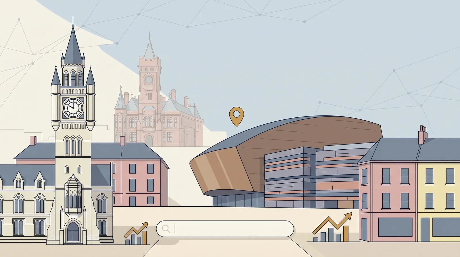 Street-level vector illustration of the Wales Millennium Centre curved bronze facade with faint network connection lines and a gold location pin above Cardiff Bay.