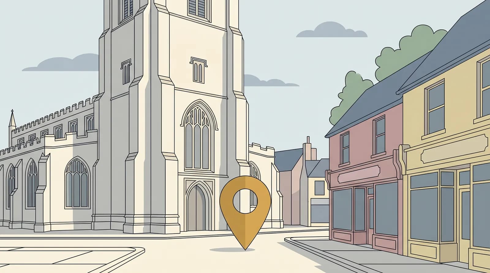 Flat vector illustration of Chelmsford Cathedral and the Shire Hall with SEO chart motifs in the foreground, in a muted blue-grey and cream palette.