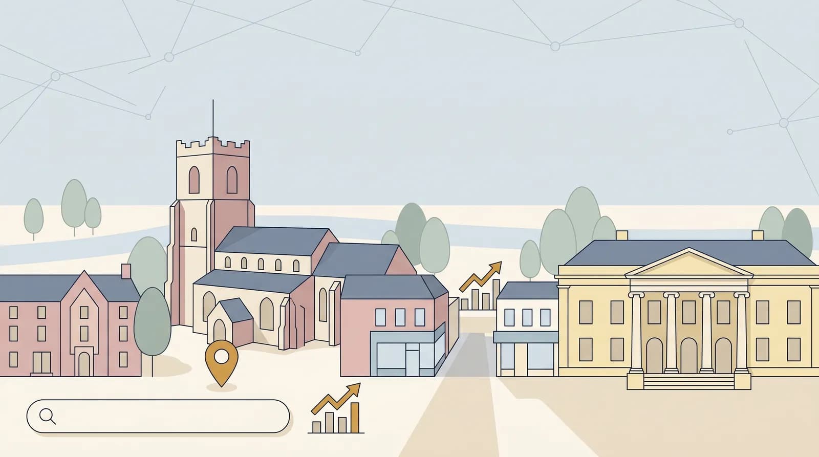Street-level vector illustration of the confluence of the Chelmer and Can rivers in Chelmsford, with a Google map pin and upward bar chart integrated into the composition.