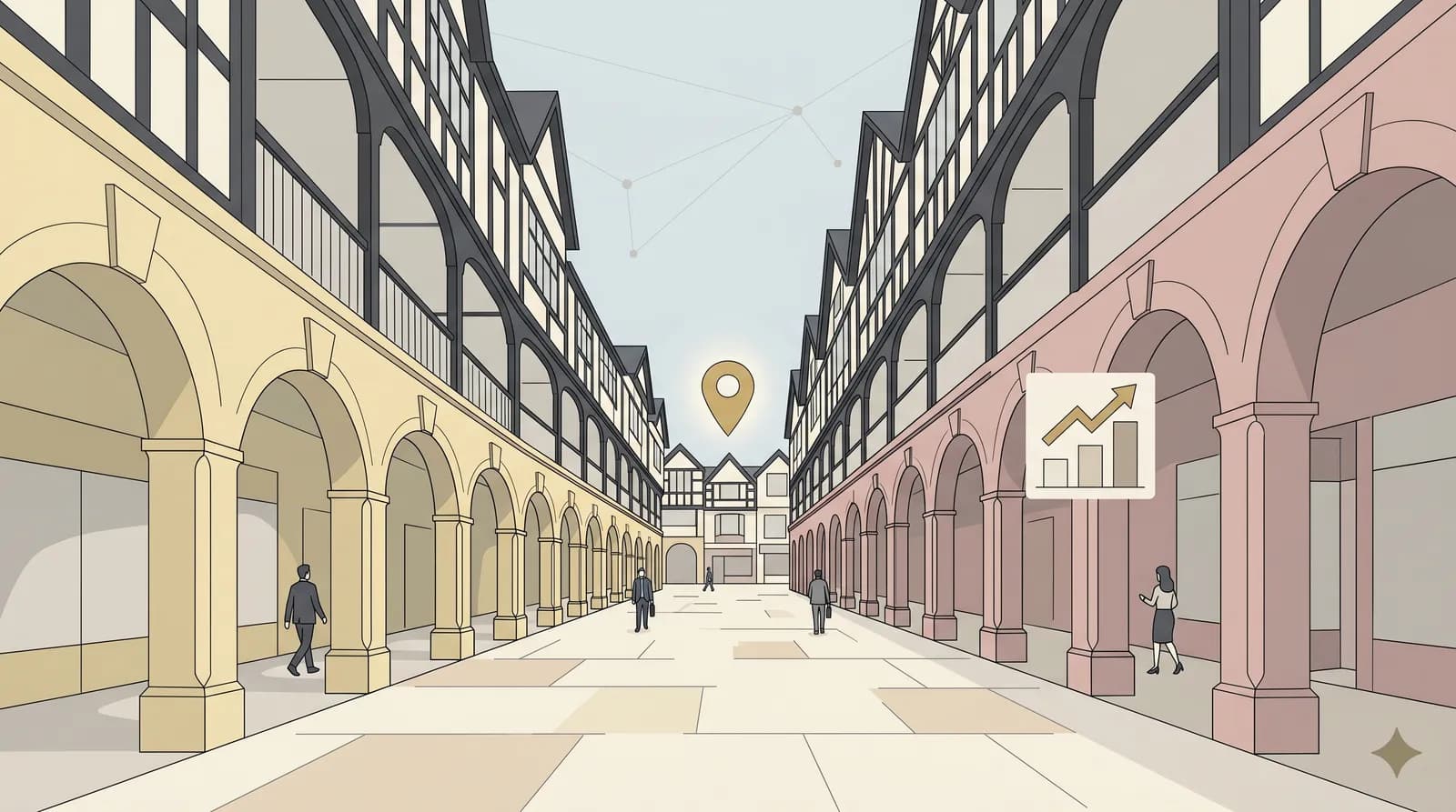 Flat vector illustration of Chester's Eastgate Clock and city walls with digital marketing and SEO growth motifs in muted blues and gold.
