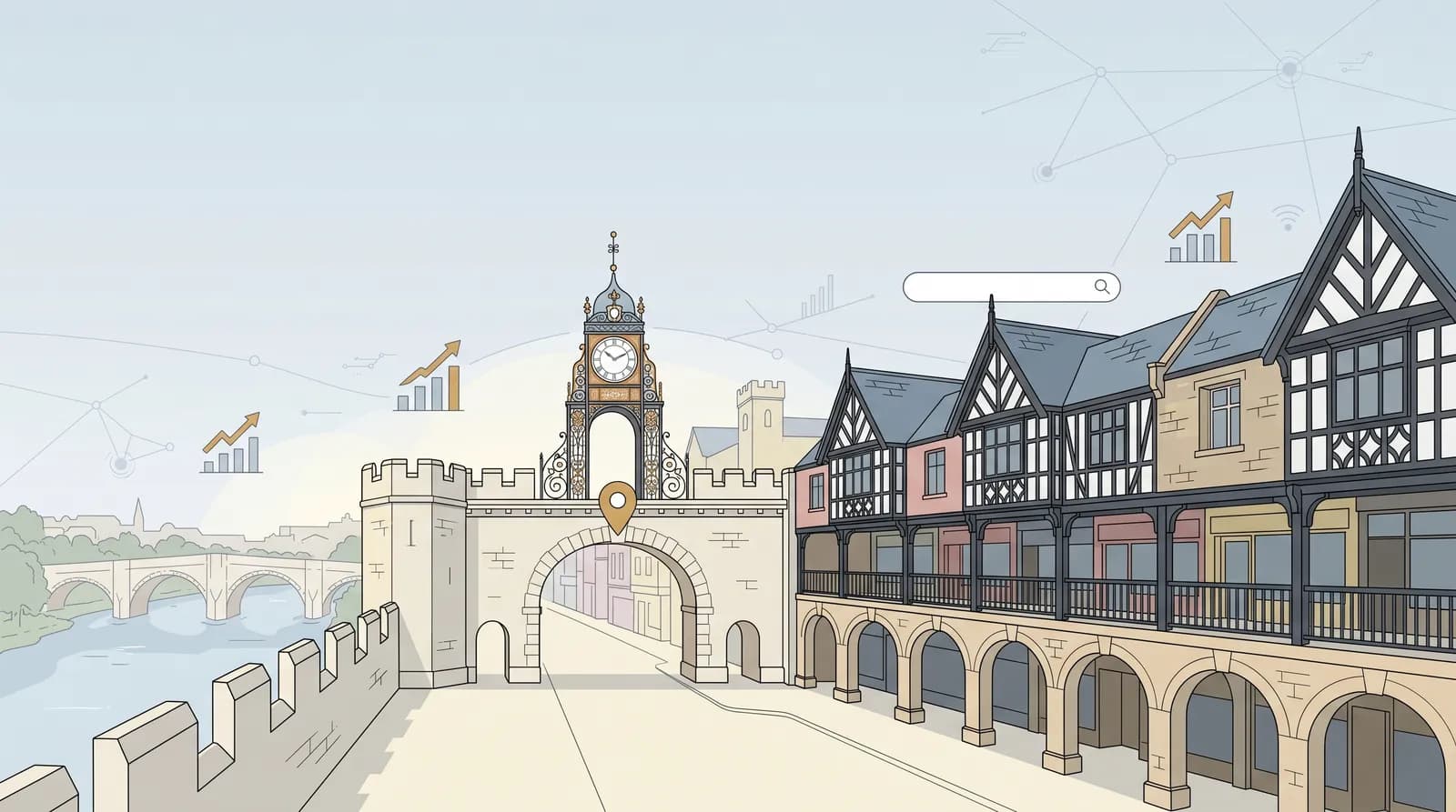 Flat vector illustration of the Chester Rows lower arcade colonnade in perspective, showing local business storefronts and a gold location pin suggesting local search presence.