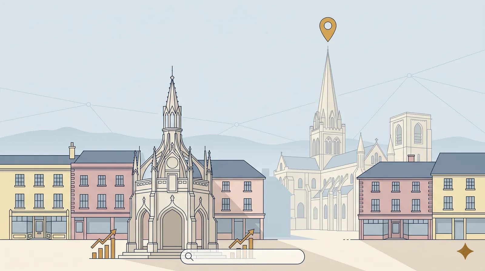 Flat vector illustration of Chichester Cathedral spire and Market Cross with digital marketing motifs — upward bar chart arrows and a gold location pin — in pale South East England tones.