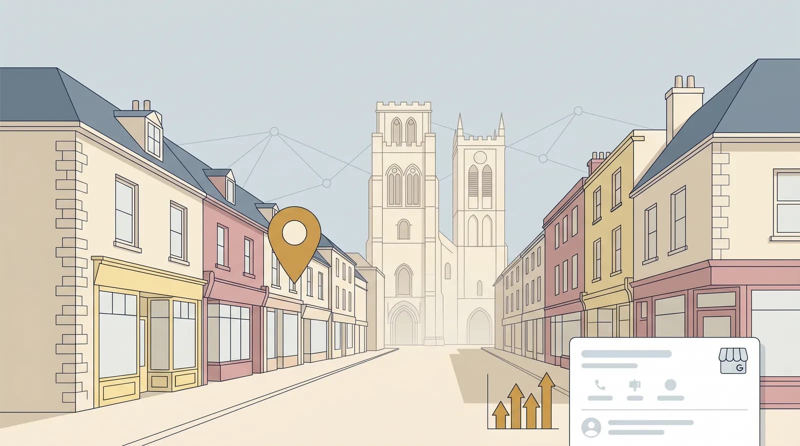 Vector illustration of the octagonal Chichester Market Cross at street level with Georgian shop frontages, local SEO and search motifs integrated in a muted editorial style.