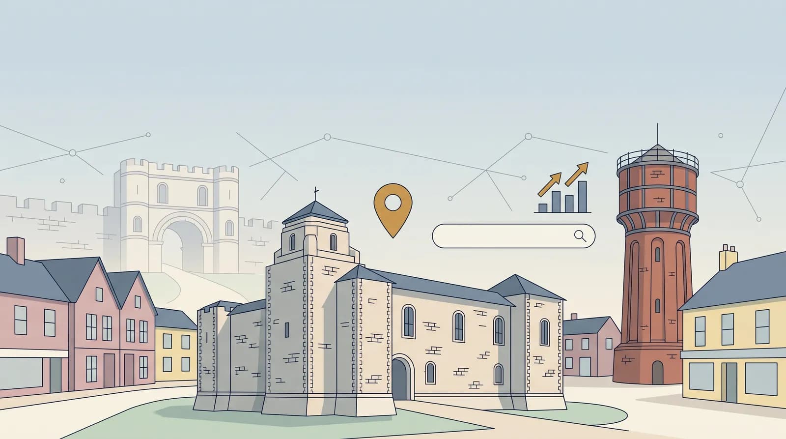 Flat vector illustration of Colchester Castle Norman keep and the Jumbo water tower with digital marketing data motifs in a muted palette, representing Aristral SEO services in Colchester.