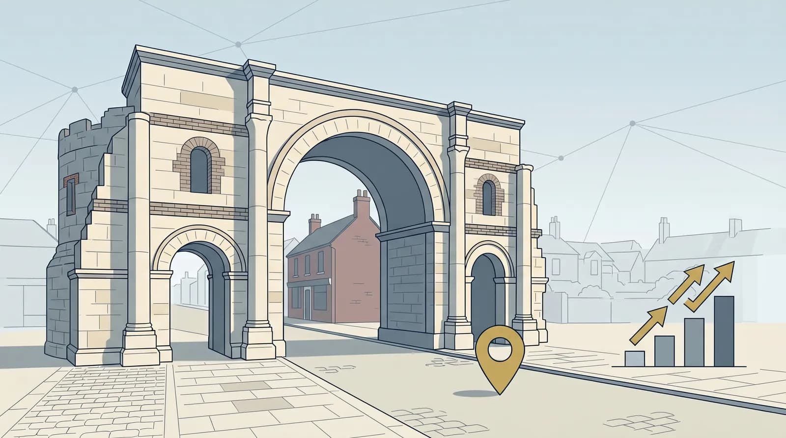 Flat vector illustration of the Balkerne Gate Roman arch in Colchester with a gold map location pin in the foreground representing local SEO coverage for Colchester businesses.