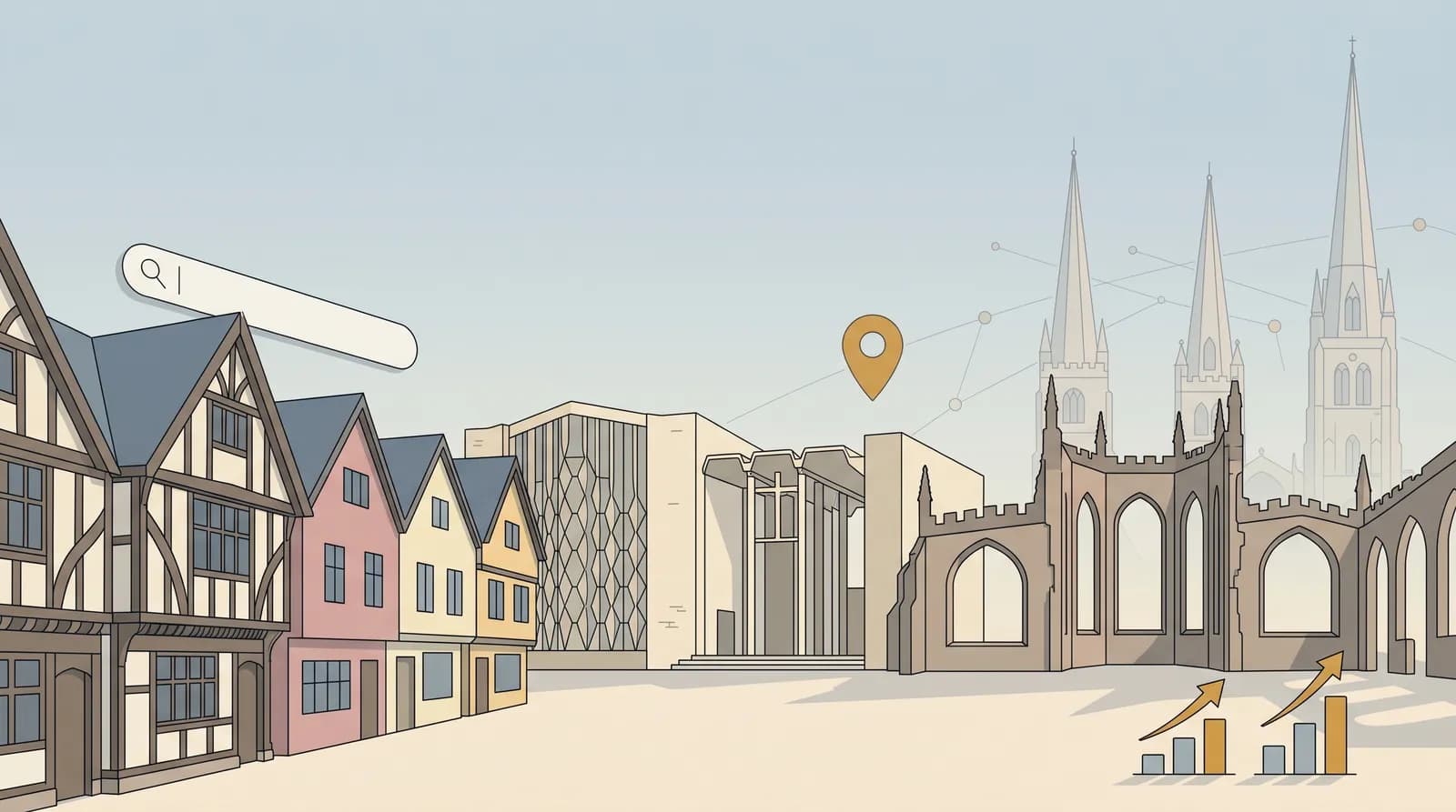 Flat vector illustration of Coventry Cathedral's modern and ruined structures with bar chart motifs and a gold location pin, representing SEO services in Coventry.