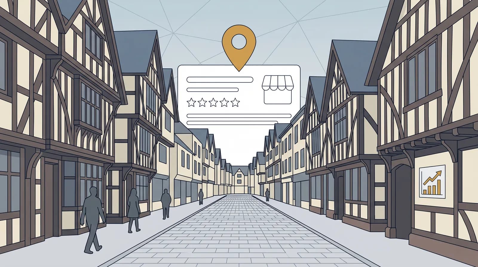 Vector illustration of Spon Street timber-framed buildings in Coventry with upward-trending chart arrows, representing local SEO and business growth.